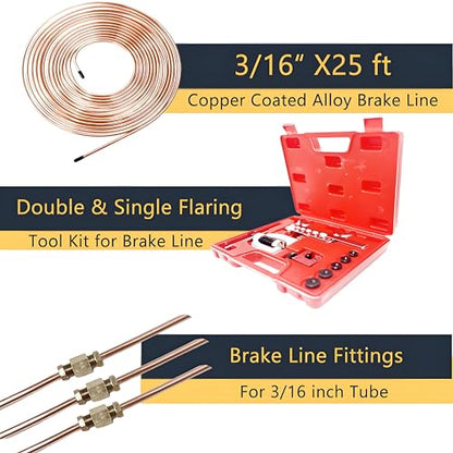 Professional Brake Line Flaring Tool Kit (3/16"-1/2") + 25ft Copper-Coated Steel Line - Double/Single Flare Tool with 16+4 Fittings, Cutter & Case for Automotive/HVAC - size: 3/16-1/2 inch