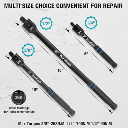 DURATECH 3PCS Breaker Bar Set with Upgrade Black Phosphate Coating | 1/4", 3/8", 1/2" Drive, 180°Rotatable Head, 6", 10”, 15" Length, Premium Chrome Alloy Made, Automotive Repair - color: Black