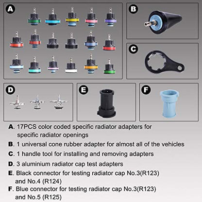 YSTOOL Radiator Pressure Tester Coolant Vacuum Refill Kit 28PCS Automotive Cooling System Leak Test Pneumatic Water Tank Purge Fill Tool Set with Gauge Adapter Cap Universal for Auto Car Airlift