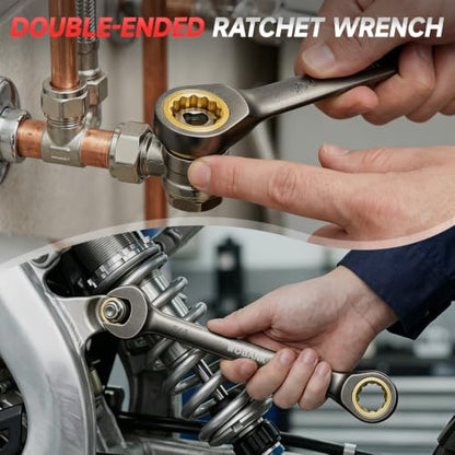 22-Piece Ratcheting Wrench Set, Ratchet Combination Wrenches Set with Organizer Box, Metric 8-19mm and SAE 1/4" to 3/4" Size, 12 Points 72-Teeth, Nickel Plating - size: Regular