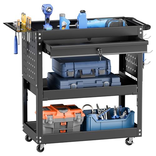 INTERGREAT Rolling Tool Cart, Heavy Duty Utility Cart on Wheels, Industrial Mechanic Carts with Drawers and Pegboard, 3-Tier Tool Storage Cart for Garage, Warehouse(Black) - color: Black, size: 3 Drawers