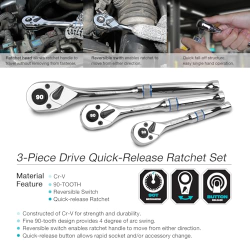 DURATECH 3-Piece Drive Ratchet, 90-Tooth Quick-Release Ratchet Wrench | 1/4", 3/8", 1/2" Socket Wrench for Men Women, Reversible, Cr-V Made, 4° Swing, Full Polished, Stocking Stuffers for Men Women - size: Combo Kit (EVA Tray)