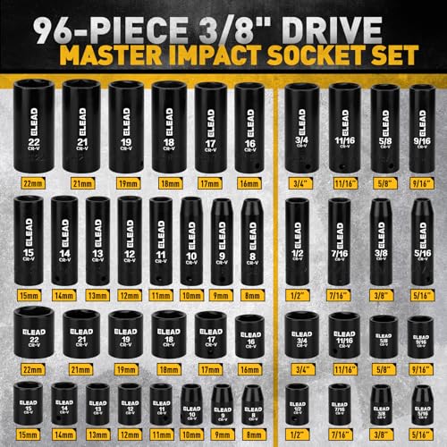 96-Piece 3/8" Drive Impact Socket Set, SAE(5/16 to 3/4-Inch) & Metric(8-22mm), Standard & Deep Sockets, Ratchet Handle, Bit Set, Universal Joint, Extension Bar, Adapters, Spark Plug Sockets - style: 96pcs 3/8'' Drive Impact Socket Set