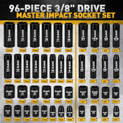 96-Piece 3/8" Drive Impact Socket Set, SAE(5/16 to 3/4-Inch) & Metric(8-22mm), Standard & Deep Sockets, Ratchet Handle, Bit Set, Universal Joint, Extension Bar, Adapters, Spark Plug Sockets - style: 96pcs 3/8'' Drive Impact Socket Set