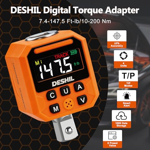 DESHIL 1/2" Digital Torque Adapter Set, 7.4-147.5 Ft.lb/10-200 N.m Digital Torque Wrench Adapter with Buzzer & LED Alert, 1000 Data Storage, 8 Preset Values for Automotive Car Motorcycle Repair