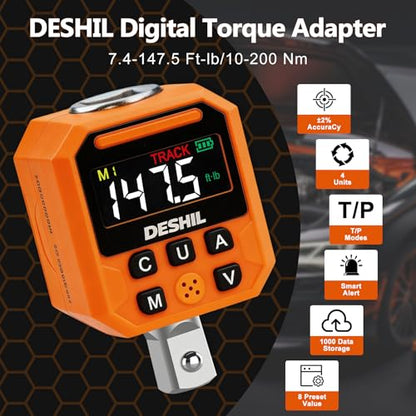 DESHIL 1/2" Digital Torque Adapter Set, 7.4-147.5 Ft.lb/10-200 N.m Digital Torque Wrench Adapter with Buzzer & LED Alert, 1000 Data Storage, 8 Preset Values for Automotive Car Motorcycle Repair
