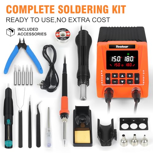 TOOLOUR 2-IN-1 851D Soldering Station, Iron Kit, 302°F-932°F Fast Heating, Hot Air Rework Desoldering Kits includes 9 Accessories, Dual Channel Control, 90-Level Airflow,ESD Save for SMD, PCB, DIY