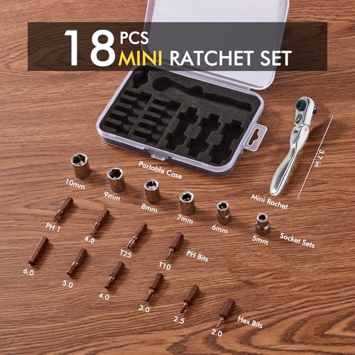 Mini ratchet screwdriver Set, Right Angle Screwdriver set with 1/4 Mini Flex Ratchet Wrench and Bits Sockets for Tight Spaces(Ratchet wrench with bits and socket)