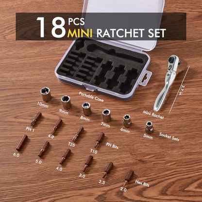 Mini ratchet screwdriver Set, Right Angle Screwdriver set with 1/4 Mini Flex Ratchet Wrench and Bits Sockets for Tight Spaces(Ratchet wrench with bits and socket)