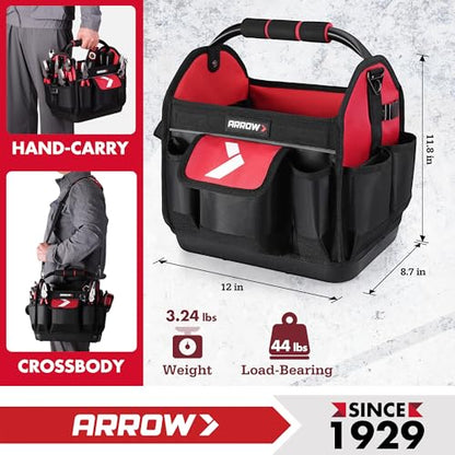 ARROW 12" Tool Tote with Waterproof Hard Base, Electrician Tool Bag | 19 Pockets, 840D Oxford Fabric, Open Top Tool Bag for Plumber Mechanic HVAC Automotive