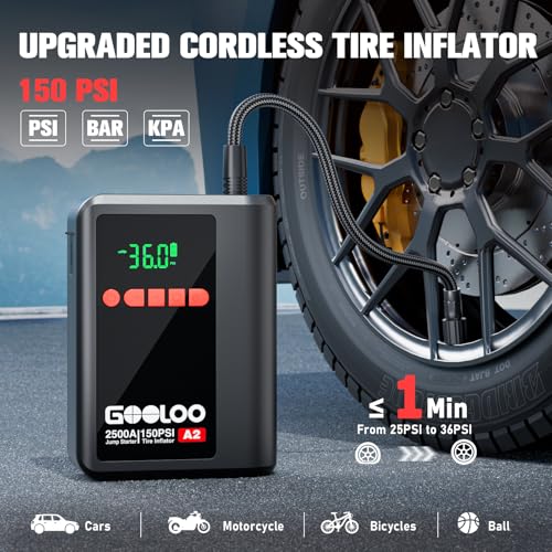 GOOLOO A2 Jump Starter with Air Compressor (2000A & 150 PSI) - 12V Vehicle | Supersafe Battery Jumper Starter Portable - Jump Box- Auto-Shutoff Tire Inflator - LED Light - For Up to 8L Gas/6L Diesel