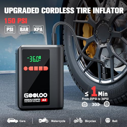 GOOLOO A2 Jump Starter with Air Compressor (2000A & 150 PSI) - 12V Vehicle | Supersafe Battery Jumper Starter Portable - Jump Box- Auto-Shutoff Tire Inflator - LED Light - For Up to 8L Gas/6L Diesel