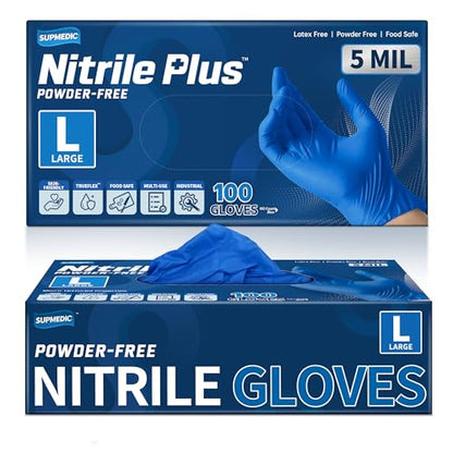 Supmedic Nitrile+ Disposable Gloves, 5Mil Chemical Resistant Powder-Free Latex-Free Glove Exam Cook Tattoo, Black Blue 100Pcs - color: (Blue) Large