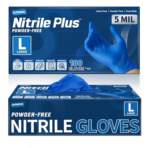 Supmedic Nitrile+ Disposable Gloves, 5Mil Chemical Resistant Powder-Free Latex-Free Glove Exam Cook Tattoo, Black Blue 100Pcs - color: (Blue) Large