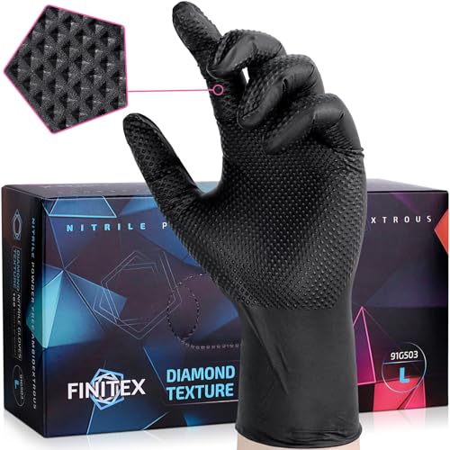 FINITEX Industrial Diamond Texture Nitrile Black Glove - 100/1000PCS Chemical Resistant 6.3mil Mechanic Disposable Gloves - color: Black (Large 100)