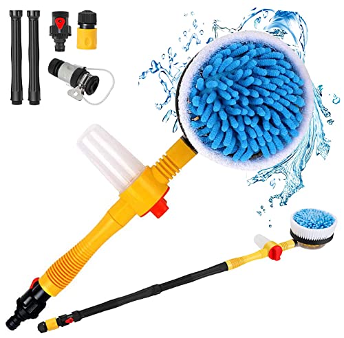 Rotating Car Wash Brush with Soap Dispenser, Automatic Rotary Car Wash Mop Soft Exterior Car Cleaning Brush Kit Garden Hose Flow Through Scrub Brush to Wash Car Truck RV (Long Handle)