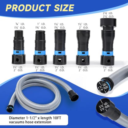 10FT Power Tool Shop Vac Hose Kit, 2-1/4" Sander Dust Collection Hose with 6 Quick-Connect Vacuum Hose Adapters, Wet/Dry Vacuum Extension Hose for Shop Vacuum System, Table Saw & Woodworking - size: 10FT