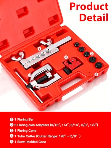 Brake Line Flaring Tool Kit, Double & Single 45° Flare Tool with Tubing Cutter, 5 Adapters 3/16"-1/2", for Copper Aluminum Brass Soft Steel Tubing - size: MU-FTK-300