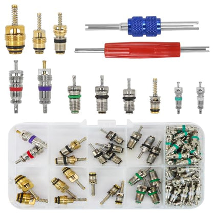 102Pcs Auto Air Conditioning Valve Core Accessories Kit A/C R12 R134a Automotive Air Conditioning Refrigeration Tire Valve Stem with Double Head Dismantling and Installer Tool Assortment Kit