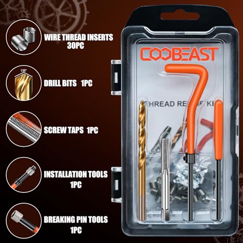 coobeast Thread Repair Kit, Thread Repair Tool with HSS Drill Bit & 30pcs 304 Stainless Steel Inserts, Complete Helicoil Rethreading Tool Set for Automotive Engine with Portable Carry Case M6x1.0 - size: M6x1.0