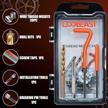 coobeast Thread Repair Kit, Thread Repair Tool with HSS Drill Bit & 30pcs 304 Stainless Steel Inserts, Complete Helicoil Rethreading Tool Set for Automotive Engine with Portable Carry Case M6x1.0 - size: M6x1.0