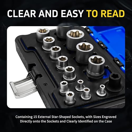 15pc External Torx Plus Socket Set Compatible with Tesla, 6 Point EP Sockets EP4, EP5, EP6, EP7, EP8, EP10, EP11, EP12, EP14, EP16, EP18, EP20, EP22, EP24 with 1/2'' 3/8'' 1/4'', Silver - color: Silver