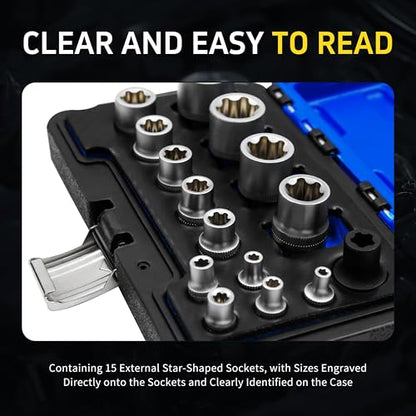 15pc External Torx Plus Socket Set Compatible with Tesla, 6 Point EP Sockets EP4, EP5, EP6, EP7, EP8, EP10, EP11, EP12, EP14, EP16, EP18, EP20, EP22, EP24 with 1/2'' 3/8'' 1/4'', Silver - color: Silver
