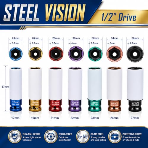 Steel Vision 1/2" Drive Lug Nut Impact Socket Set, 7 PC Metric 17, 19, 21, 22, 23, 24 & 27 mm，Cr-Mo Alloy Wheel Socket Set, Color-Coded Deep Lug Nut Impact Socket Set - color: 7pc Metric
