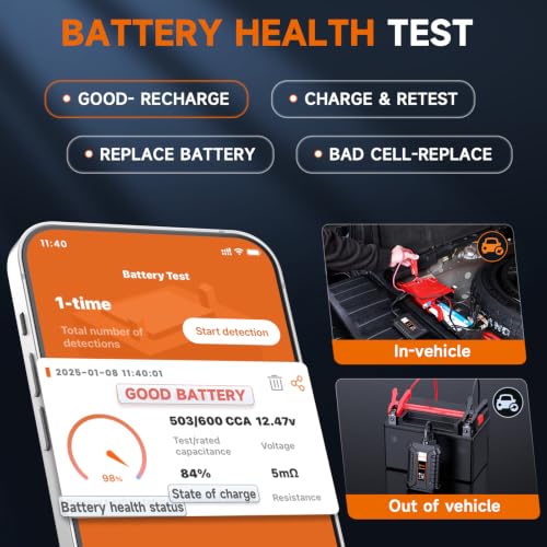 FOXWELL BT60 Bluetooth Car Battery Tester, 12V, 100-2000CCA Load Tester | SOH & SOC, Cranking & Alternator Charging Test, Multi-Battery History Review, Instant Report Sharing, Custom Battery Naming