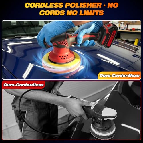 Cordless Car Buffer Polisher kit [8-Speed 6000 RPM, Dual Action (DA) Random Orbital, 2x 21V 2000mAh Batteries & LED Display & 16 PCS Attachments] Easy to use for Scratch Removal, Polishing & Waxing
