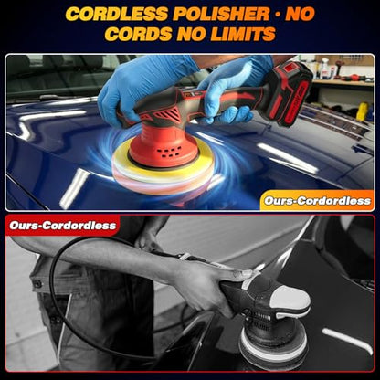 Cordless Car Buffer Polisher kit [8-Speed 6000 RPM, Dual Action (DA) Random Orbital, 2x 21V 2000mAh Batteries & LED Display & 16 PCS Attachments] Easy to use for Scratch Removal, Polishing & Waxing