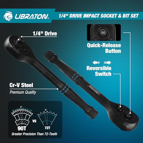 LIBRATON 71PCS 1/4 Impact Socket Set, Complete SAE & Metric Socket & Bit Set, Impact Ready Drive Socket Kit with 90-Tooth Ratchet & Spinner Handle for Drill & Impact Driver, Automotive Repair Tool Kit