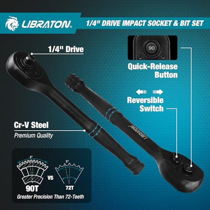 LIBRATON 71PCS 1/4 Impact Socket Set, Complete SAE & Metric Socket & Bit Set, Impact Ready Drive Socket Kit with 90-Tooth Ratchet & Spinner Handle for Drill & Impact Driver, Automotive Repair Tool Kit