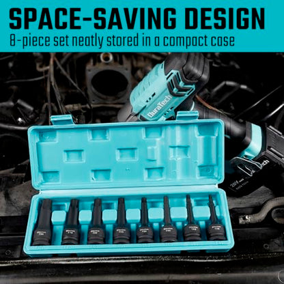 DURATECH 8-Piece 1/2" Drive Impact Torx Bit Set | T30, T40, T45, T50, T55, T60, T70, T80 Torx Bits, Cr-Mo Steel, Organized in Storage Case
