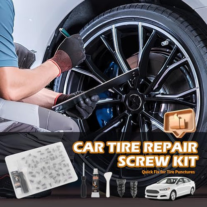 60PCS Car Tire Repair Rubber Nail Kit,Self-Tapping Tire Plug Kit Includes Tires Repairs Screws/Screwdrivers/Glue,Professional Tires Repair Screws Kits for Cars/Motorcycle