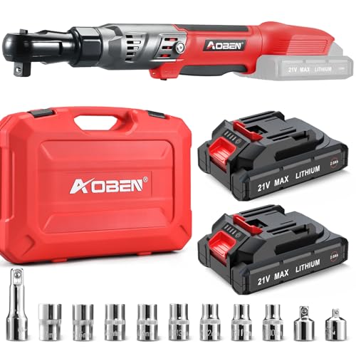 AOBEN 21V 1/2" Cordless Ratchet Wrench Kit-74 Ft-lbs Brushless Electric Power Ratchet with Variable Speed, 2X2000mAh Lithium-Ion Battery, Charger, 8 Sockets, 1/4" & 3/8" Adaptors, 3" Extension Bar - style: AB733-2C