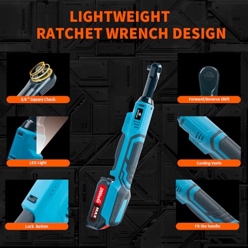 Zeekmus Cordless Ratchet Wrench Set - 3/8" Electric Power Ratchet Kit with 400RPM, LED Work Light, and 2.0Ah Batteries, Adapters and Extension Bars Variable Speed, with Case