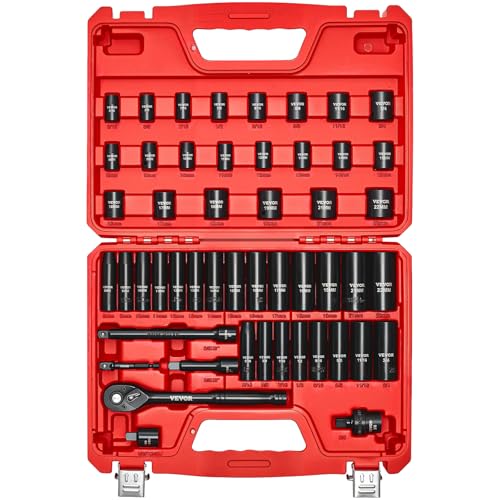 VEVOR 3/8" Drive Impact Socket Set, 50-Piece Standard SAE (5/16 to 3/4 inch) & Metric (8-22 mm) Size, Deep & Shallow, 6 Point, CR-V, Ratchet Handle, Extension Bars, Universal Joint, Reducer, Adapter - size: 3/8" 50 PCS