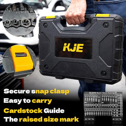 KJE 61Pcs Thread Restorer Kit, Rethreading Kit, UNC, UNF & Metric Thread Chaser Set with Taps, Dies, Thread Files & Pitch Gauges for Repair Damaged Threads Bolts, Nuts and Screws - size: 61PCS