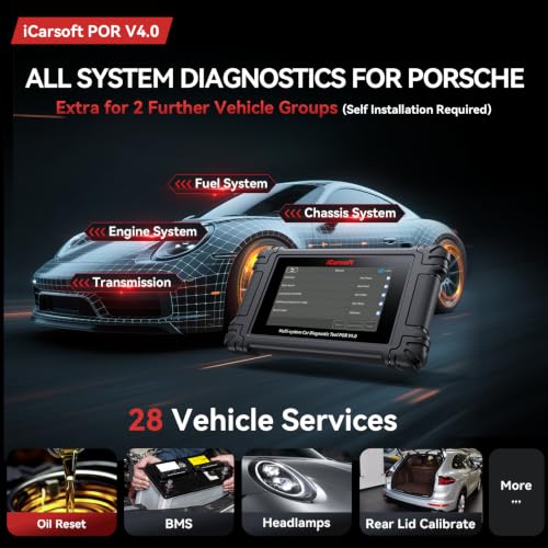iCarsoft POR V4.0 Bidirectional Diagnostic Tool for Porsche + 2 Car Make Groups, OBD2 Scanner with Actuation Test, 28 Services Battery Registration,Support CAN-FD-Free Update