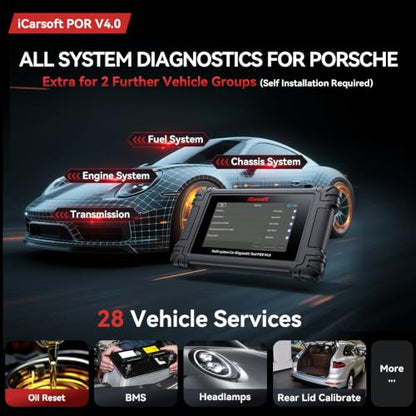 iCarsoft POR V4.0 Bidirectional Diagnostic Tool for Porsche + 2 Car Make Groups, OBD2 Scanner with Actuation Test, 28 Services Battery Registration,Support CAN-FD-Free Update