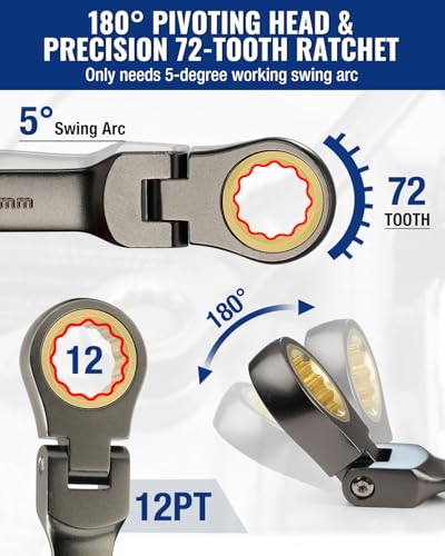 WORKPRO 8-piece Flex-Head Ratcheting Combination Wrench Set, Metric 9-17 mm, 72-Teeth, Cr-V Constructed, Nickel Plating with Organization Bag - size: Metric, style: Nickel Plating