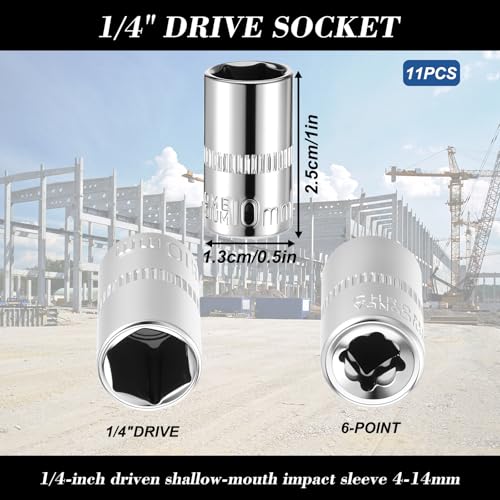 11 Piece Silver Carbon Steel Socket Set, 1/4" 6-Point Drive Metric Socket Set, Metric Sizes 14-4mm, Durable Corrosion-Resistant for Mechanical Repairs