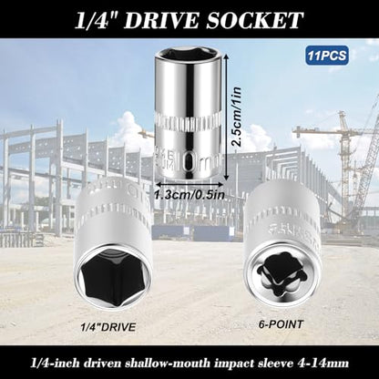 11 Piece Silver Carbon Steel Socket Set, 1/4" 6-Point Drive Metric Socket Set, Metric Sizes 14-4mm, Durable Corrosion-Resistant for Mechanical Repairs