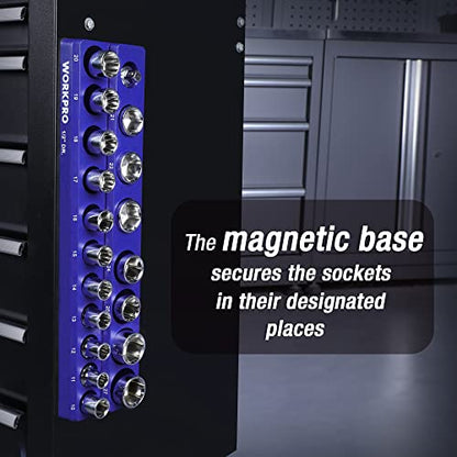 WORKPRO Magnetic Socket Organizer, 1/2-Inch Metric Socket Holder | Hold 19-Piece Sockets, Suitable for Standard and Deep Socket, Magnetic Base, No Scratches Installation, Sockets not Included - size: 1/2" DR - Metric