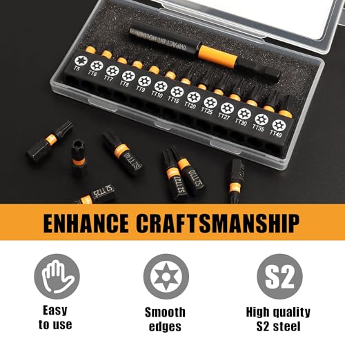 MulWark 14-Piece Security Torx Bit Set – T5-T40 Star Bits Set, 1'' S2 Steel Tamper-Resistant Bits with Magnetic Bit Holder, 1/4" Hex Shank – Christmas Gift, Holiday Tool Set, Xmas Stocking Stuffer - style: 1” Torx Bits 14 PCs