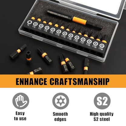 MulWark 14-Piece Security Torx Bit Set – T5-T40 Star Bits Set, 1'' S2 Steel Tamper-Resistant Bits with Magnetic Bit Holder, 1/4" Hex Shank – Christmas Gift, Holiday Tool Set, Xmas Stocking Stuffer - style: 1” Torx Bits 14 PCs