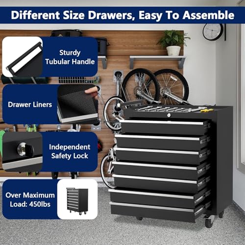 7-Drawer Rolling Tool Chest with Lock, Heavy-Duty Mobile Tool Storage Cabinet, Tool Cart Organizer for Garage Workshop - style: 7-Drawer