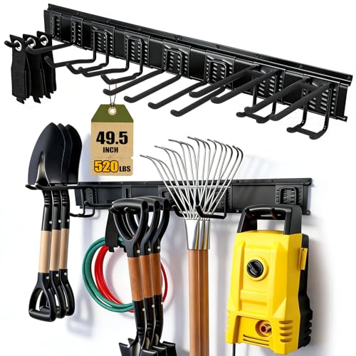Garage Tool Organizer Wall Mount 49.5", 520lbs Heavy Duty Rack | 11 Adjustable Hooks for Garage Wall Garden & Yard Storage, Shed Wall Hanger System for Shovels, Ladders, Brooms, Weed Eaters - size: 49.5''-14Pack