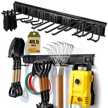 Garage Tool Organizer Wall Mount 49.5", 520lbs Heavy Duty Rack | 11 Adjustable Hooks for Garage Wall Garden & Yard Storage, Shed Wall Hanger System for Shovels, Ladders, Brooms, Weed Eaters - size: 49.5''-14Pack